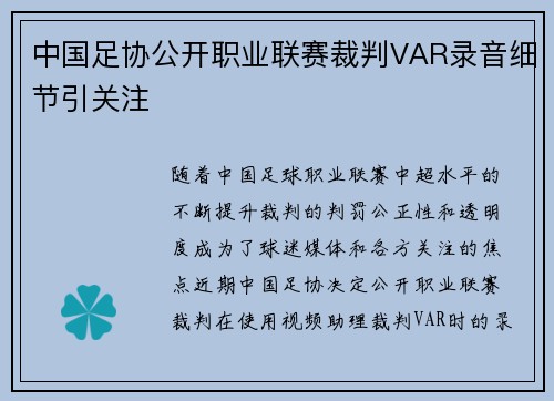 中国足协公开职业联赛裁判VAR录音细节引关注 中国足协公开职业联赛裁判VAR录音细节引关注